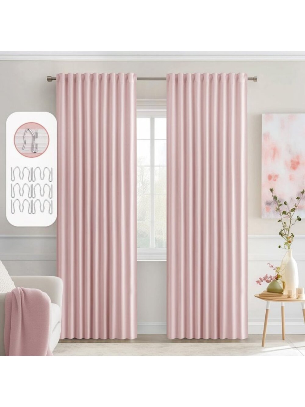 Light Pink Back Tab Blackout Curtains, 52x84 Inch, 2 Panels, Room Darkening